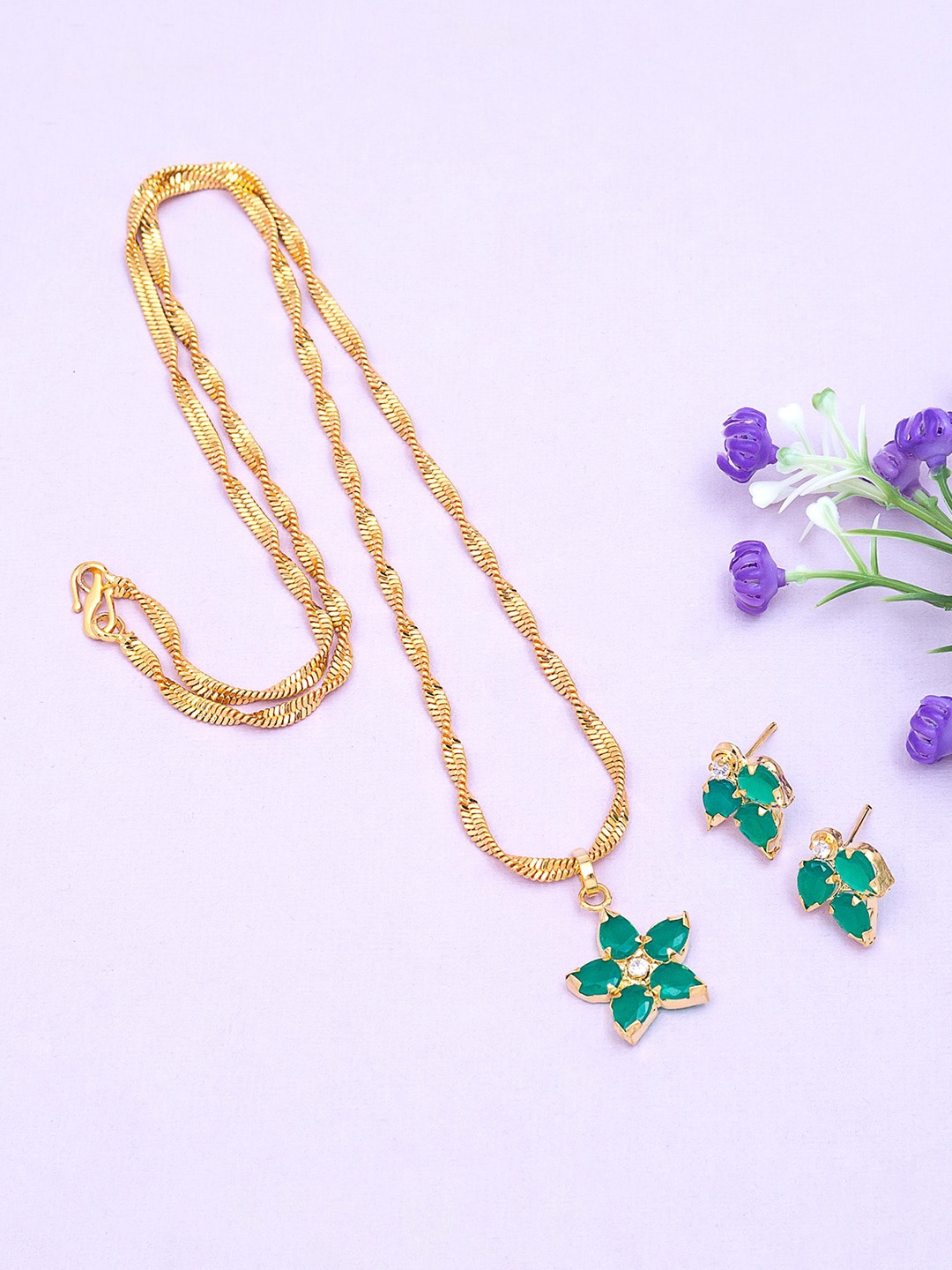 

Golden Peacock Gold-Toned & Green Stone-Studded Floral Jewellery Set