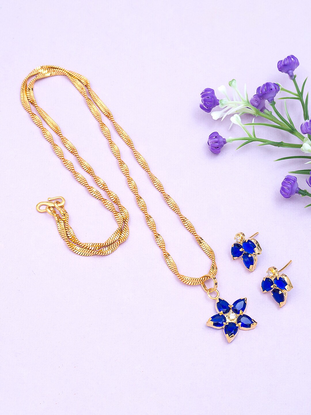 

Golden Peacock Gold-Toned Blue & White Stone Studded Jewellery Set
