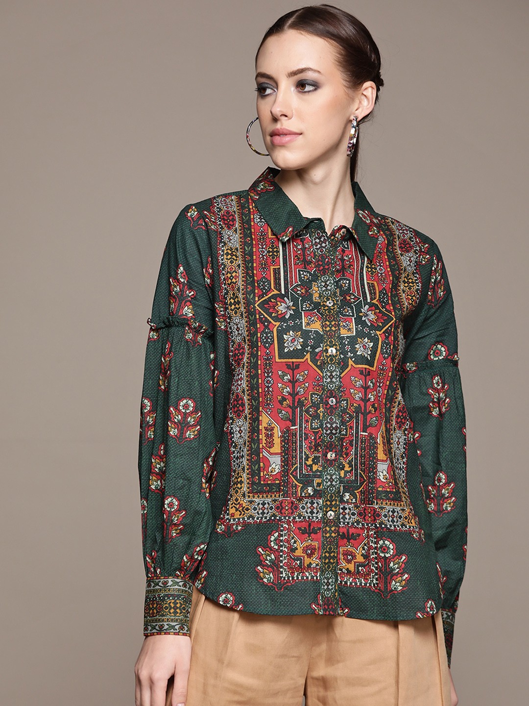 

aarke Ritu Kumar Women Green & Orange Ethnic Motifs Print Ruffled Cotton Casual Shirt