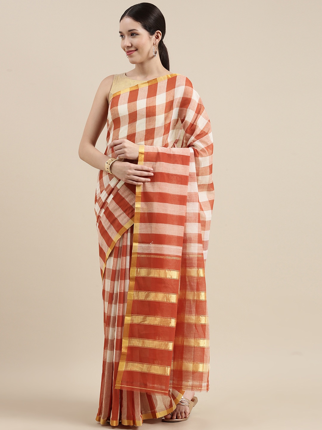 

Pavechas Orange Checked Zardozi Pure Cotton Venkatgiri Saree