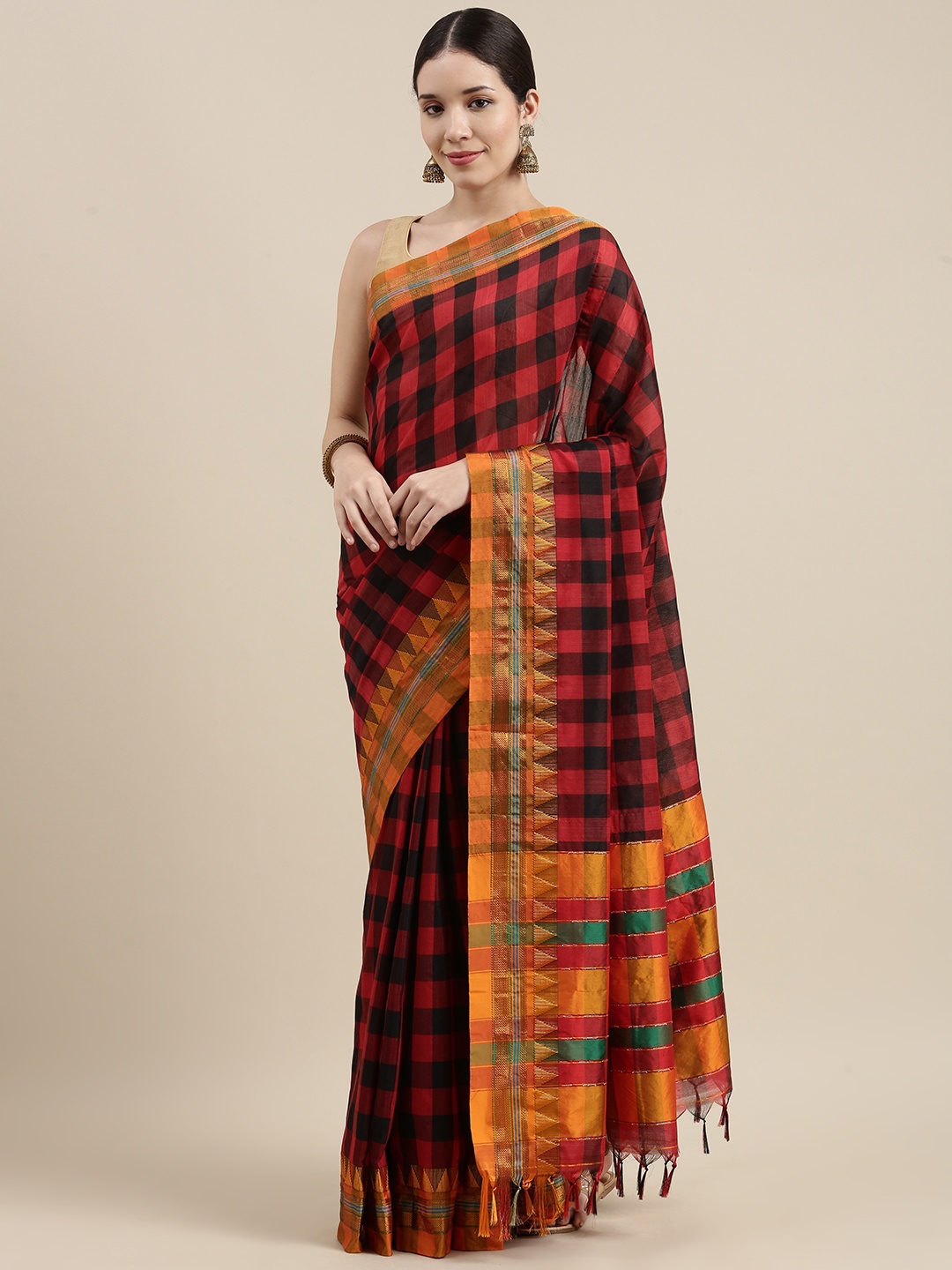 

Pavechas Red & Multicoloured Checked Silk Cotton Uppada Saree