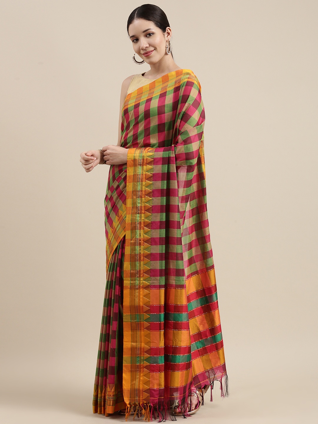 

Pavechas Green & Red Checked Venkatgiri Saree