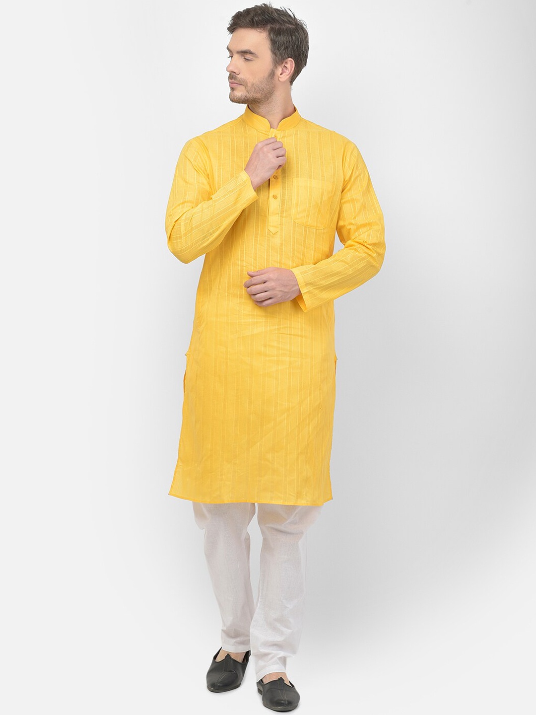 

SG LEMAN Men Yellow & White Pure Cotton Striped Kurta with Pyjama