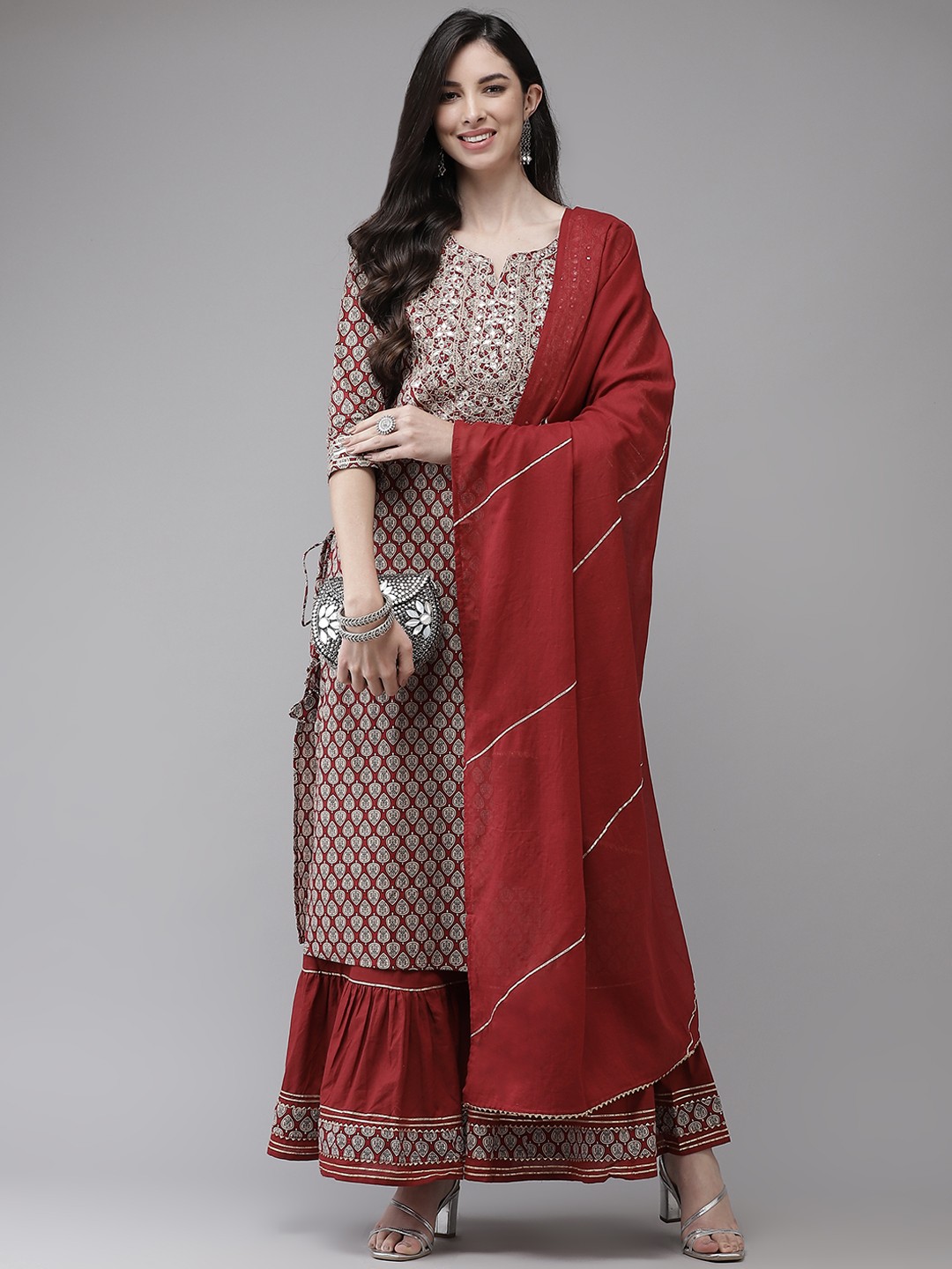 

Ishin Women Beige Printed Regular Kurta with Sharara & With Dupatta