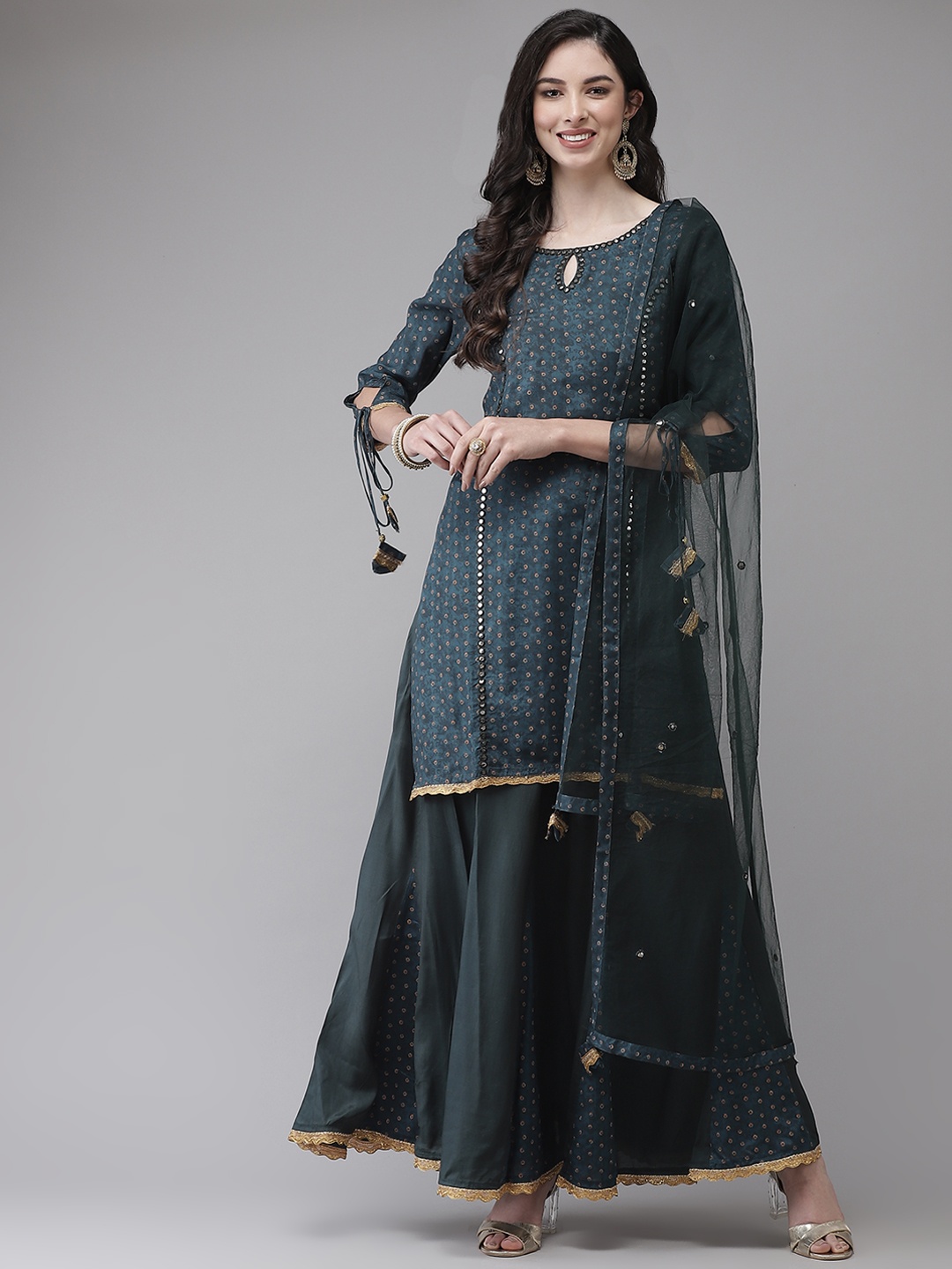 

Ishin Women Teal Ethnic Motifs Embroidered Panelled Mirror Work Kurta with Skirt & With Dupatta