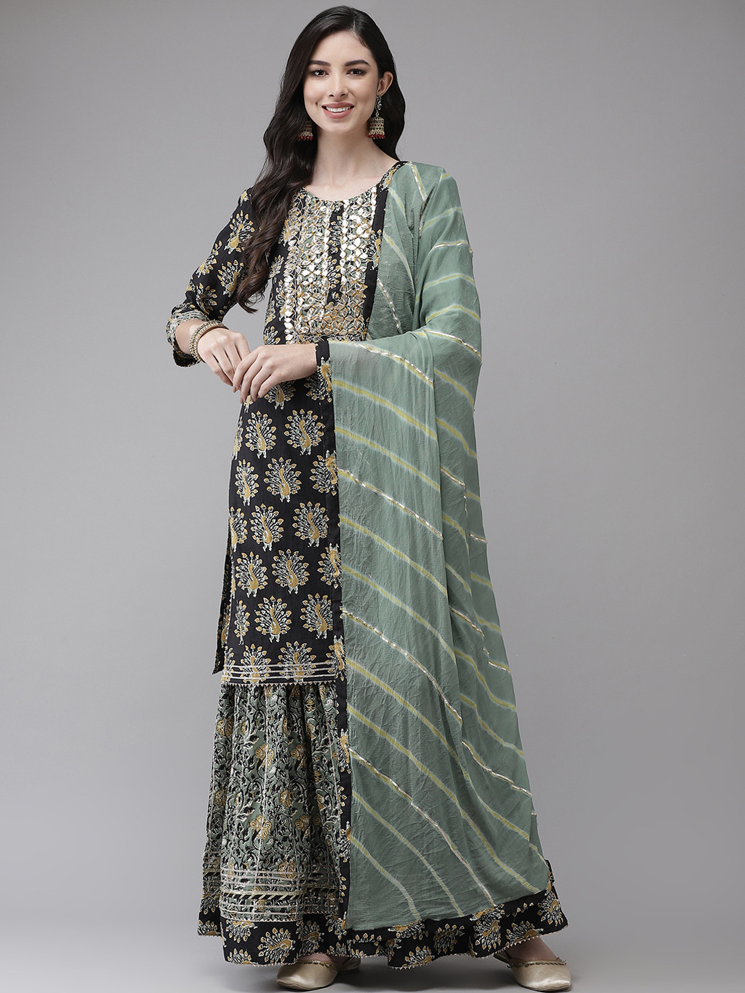 

Ishin Women Floral Embelished pure cotton Kurta With Sharara & With Dupatta, Black