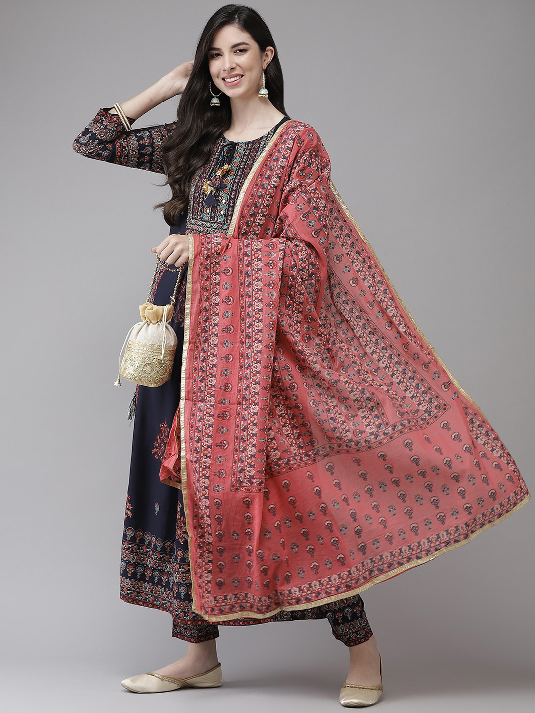 

Ishin Women Navy Blue Floral Printed Empire Beads and Stones Kurta with Trousers & With Dupatta