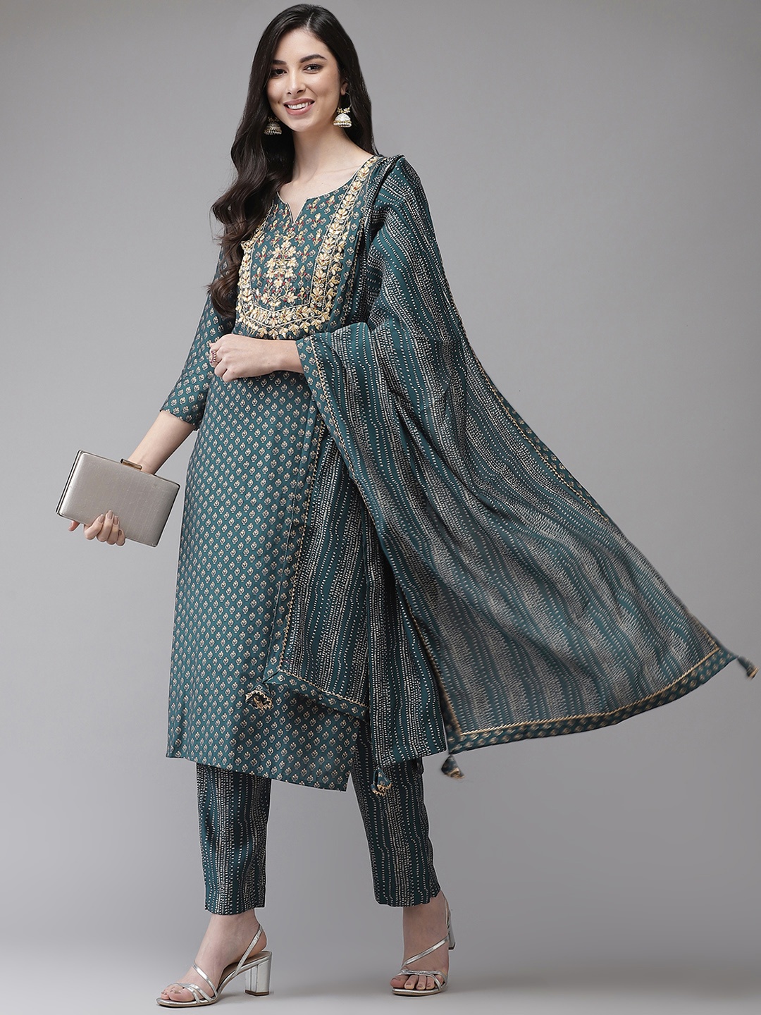 

Ishin Women Green Embroidered Regular Kurta with Trousers & With Dupatta