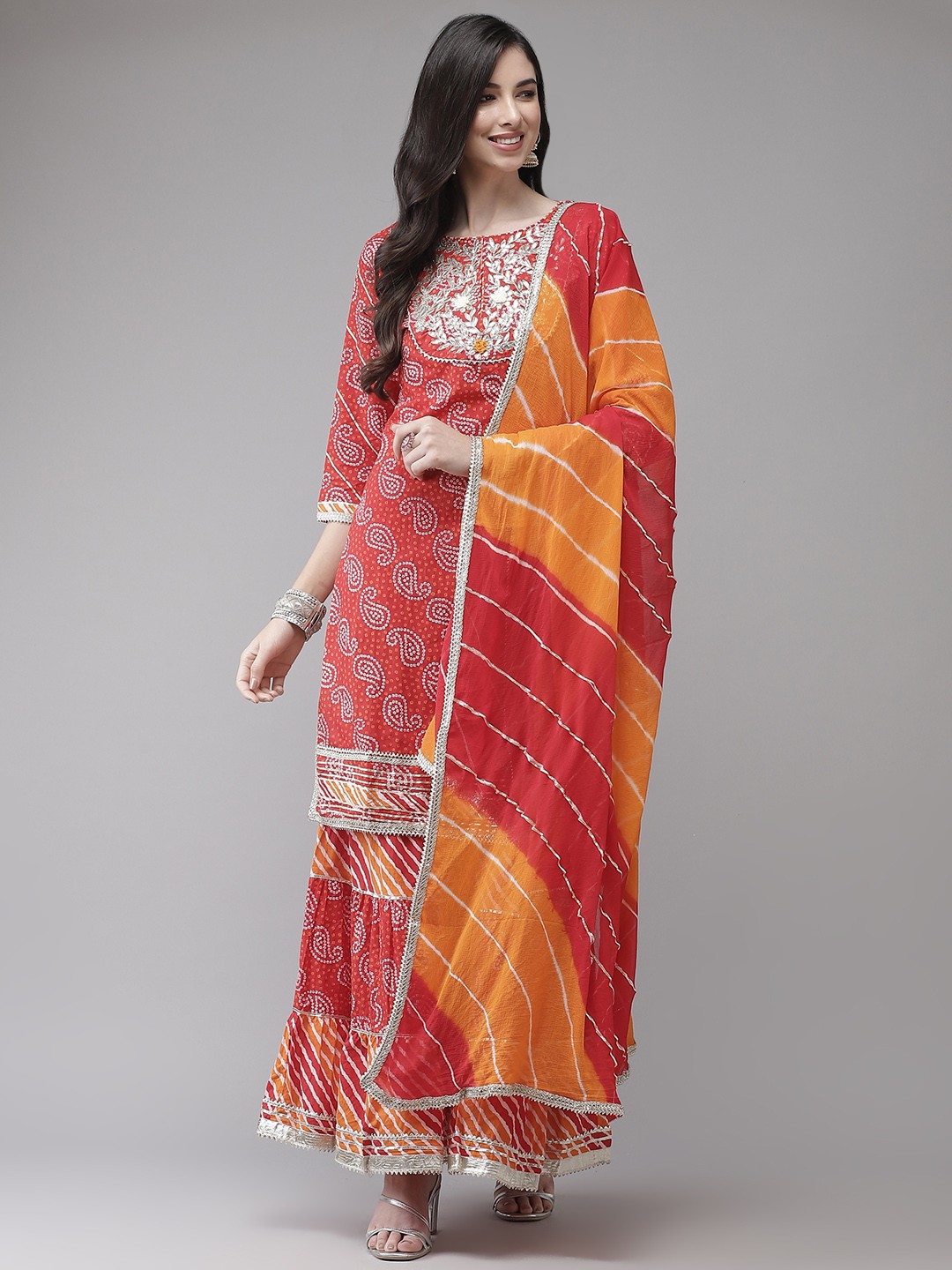 

Ishin Women Pink Bandhani Embroidered Regular Gotta Patti Pure Cotton Kurta with Sharara & With Dupatta