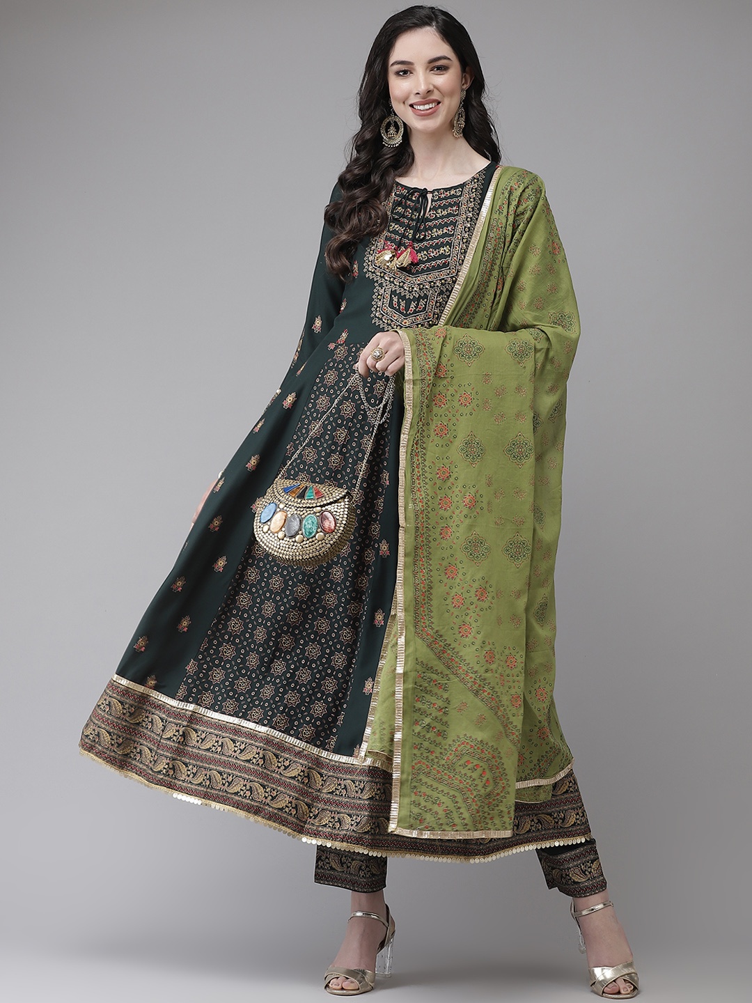 

Ishin Women Green Floral Embroidered Regular Beads and Stones Kurta with Trousers & With Dupatta