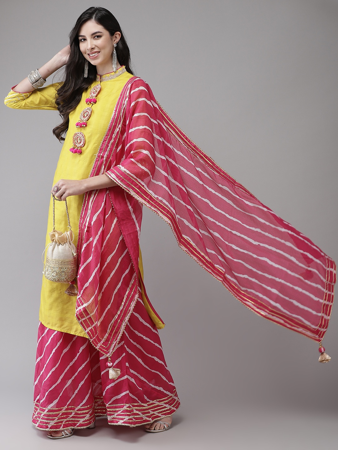 

Ishin Women Yellow Leheriya Regular Gotta Patti Kurta with Skirt & With Dupatta