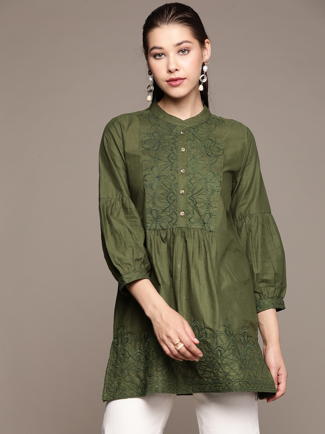 

aarke Ritu Kumar Green Floral Woven Design Thread Work Pure Cotton Thread Work Kurti