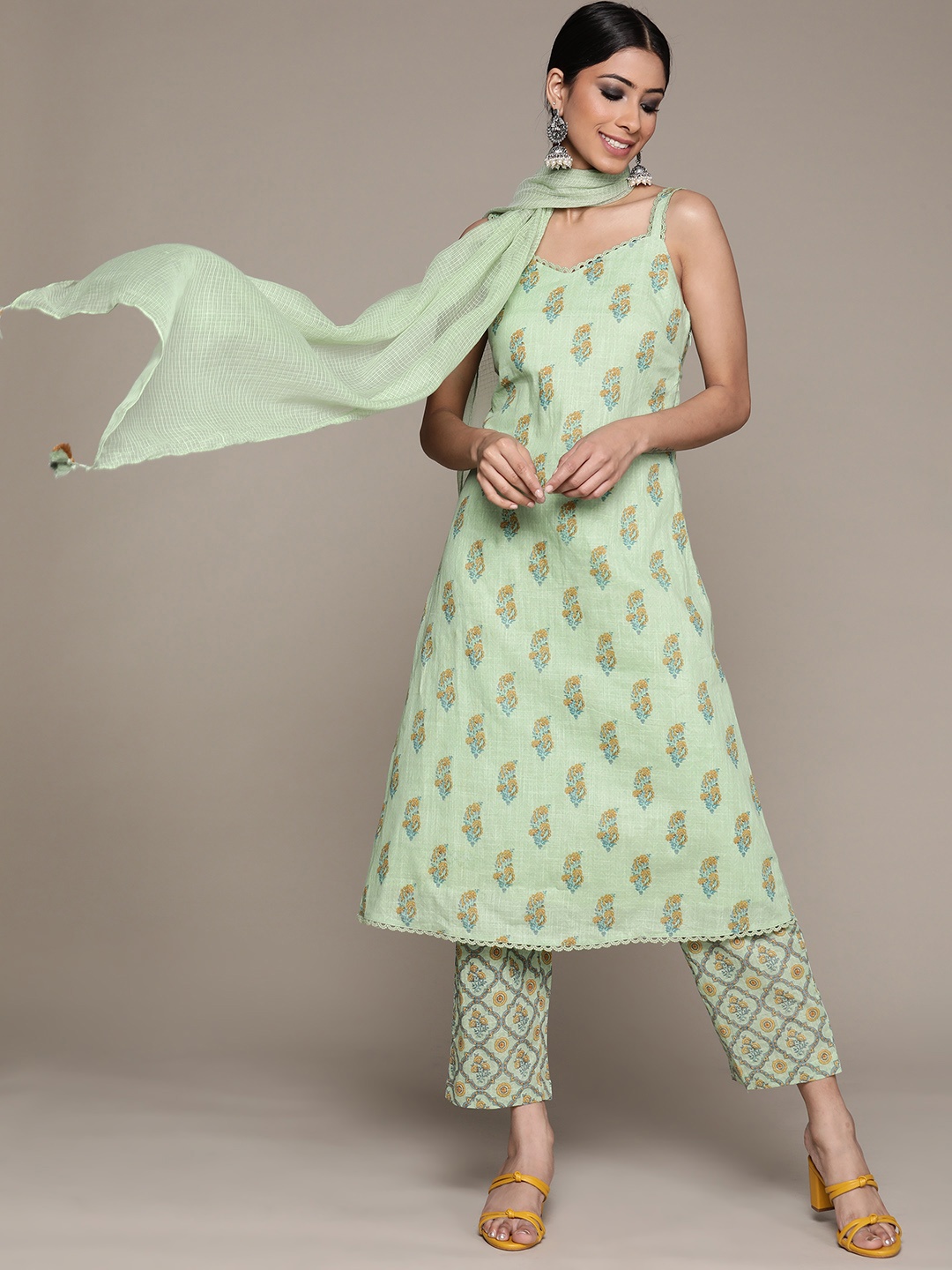 

aarke Ritu Kumar Women Green & Mustard Yellow Cotton Floral Kurta with Trousers & Dupatta