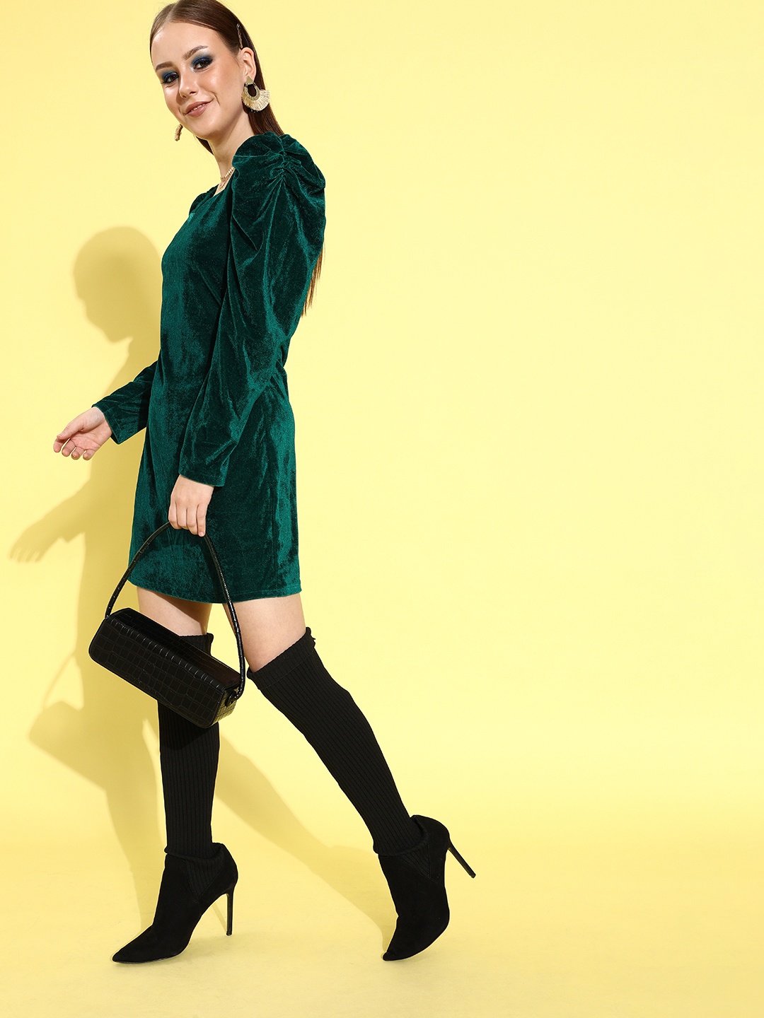

Athena Women Green Velvet A-Line Mini Dress