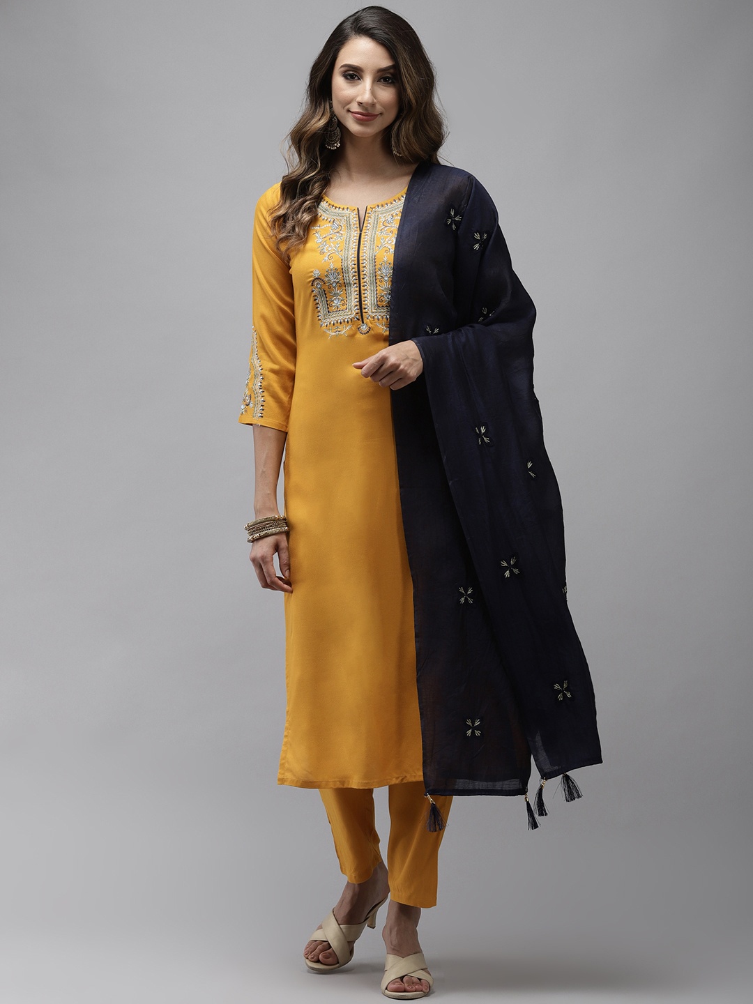 

Yufta Women Yellow Floral Embroidered Regular Kurta with Palazzos & With Dupatta