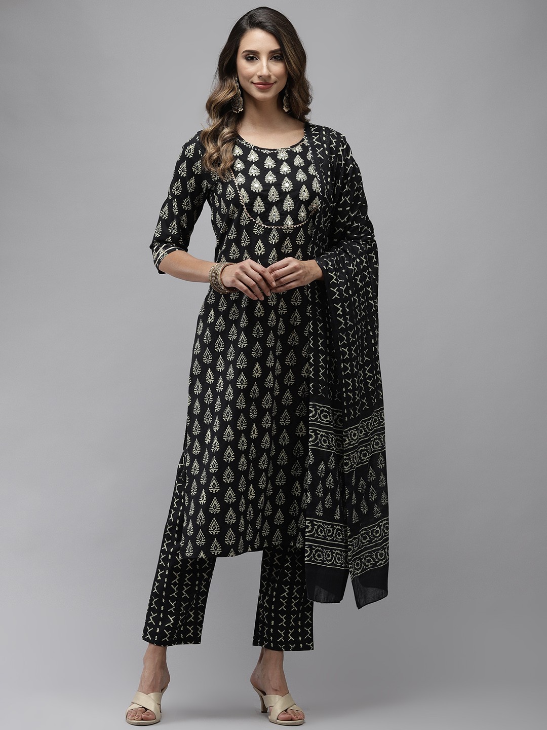 

Yufta Women Black Ethnic Motifs Printed Regular Mirror Work Pure Cotton Kurta with Trousers & With Dupatta