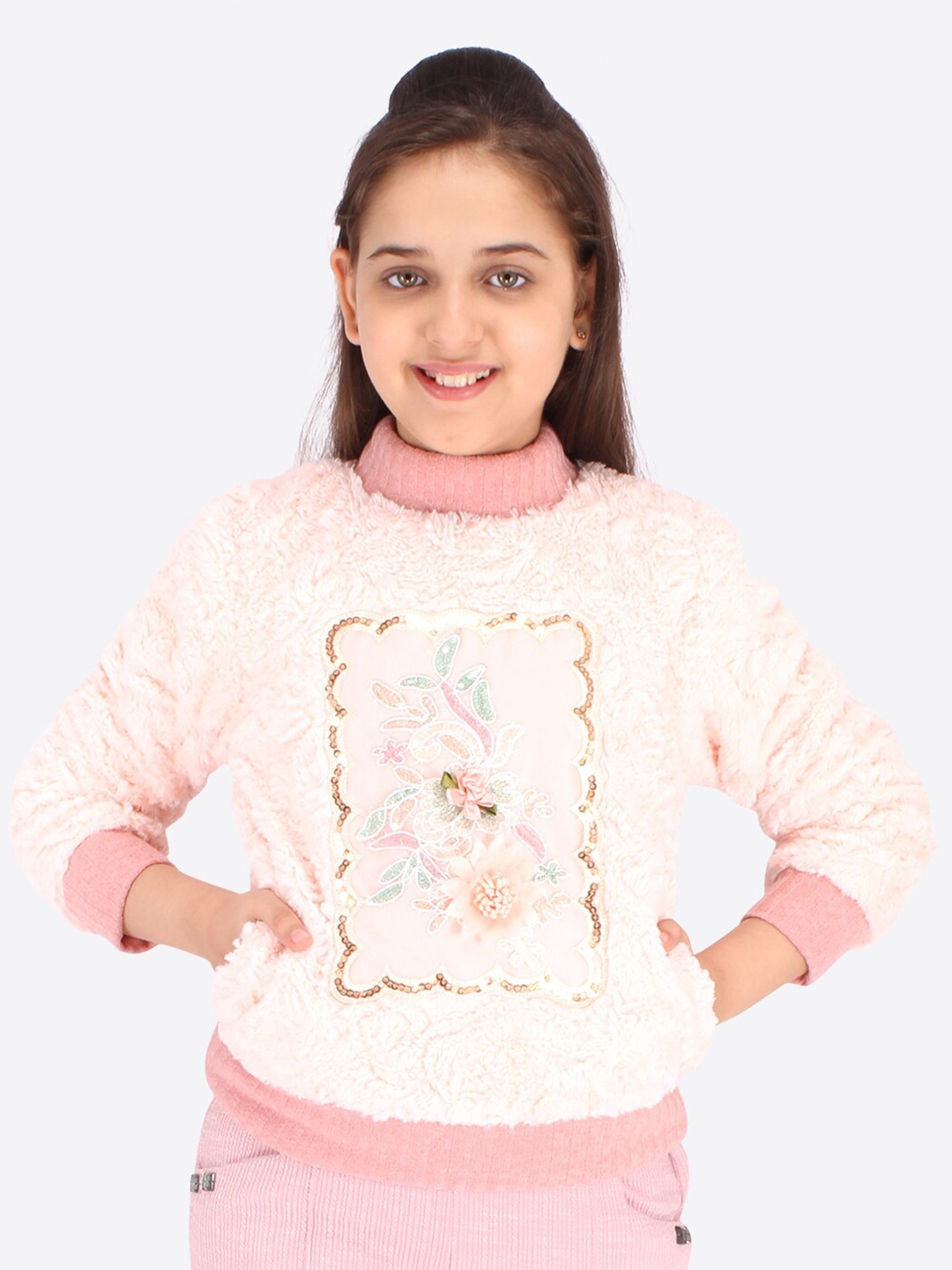 

CUTECUMBER Girls Peach-Coloured Embroidered Sweatshirt