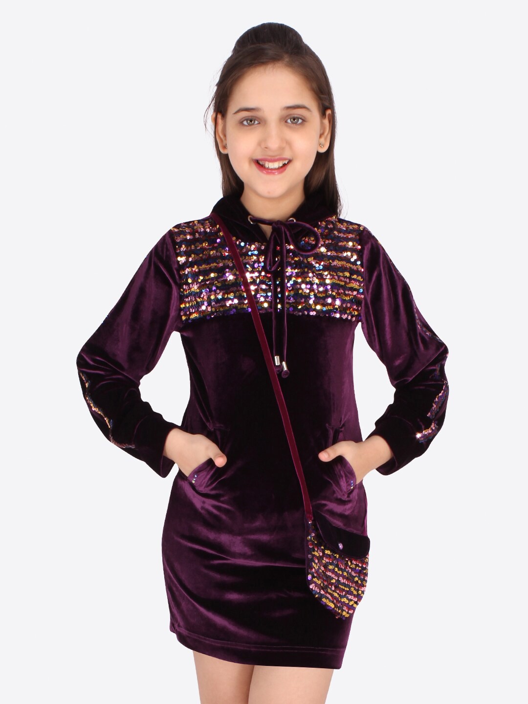 

CUTECUMBER Girls Purple Velvet Sequin Hoodie Dress