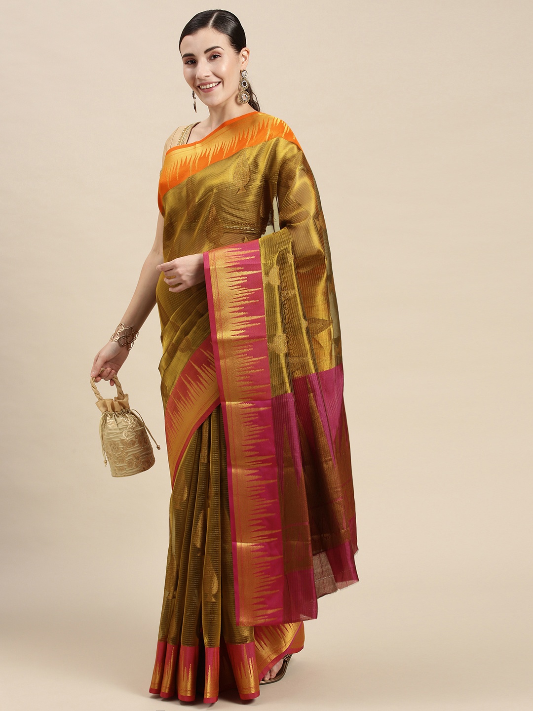 

PERFECTBLUE Gold-Toned & Pink Floral Zari Silk Blend Fusion Kanjeevaram Saree