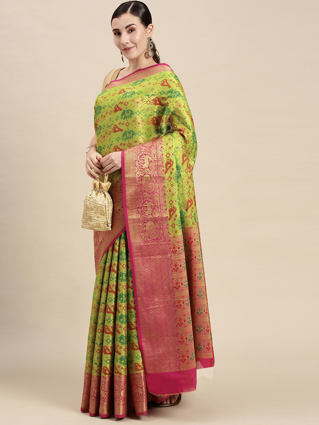 

PERFECTBLUE Green & Pink Ethnic Motifs Linen Blend Fusion Kanjeevaram Saree