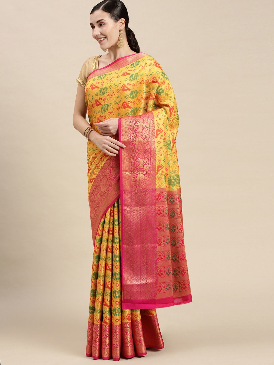 

PERFECTBLUE Mustard & Pink Ethnic Motifs Linen Blend Fusion Kanjeevaram Saree