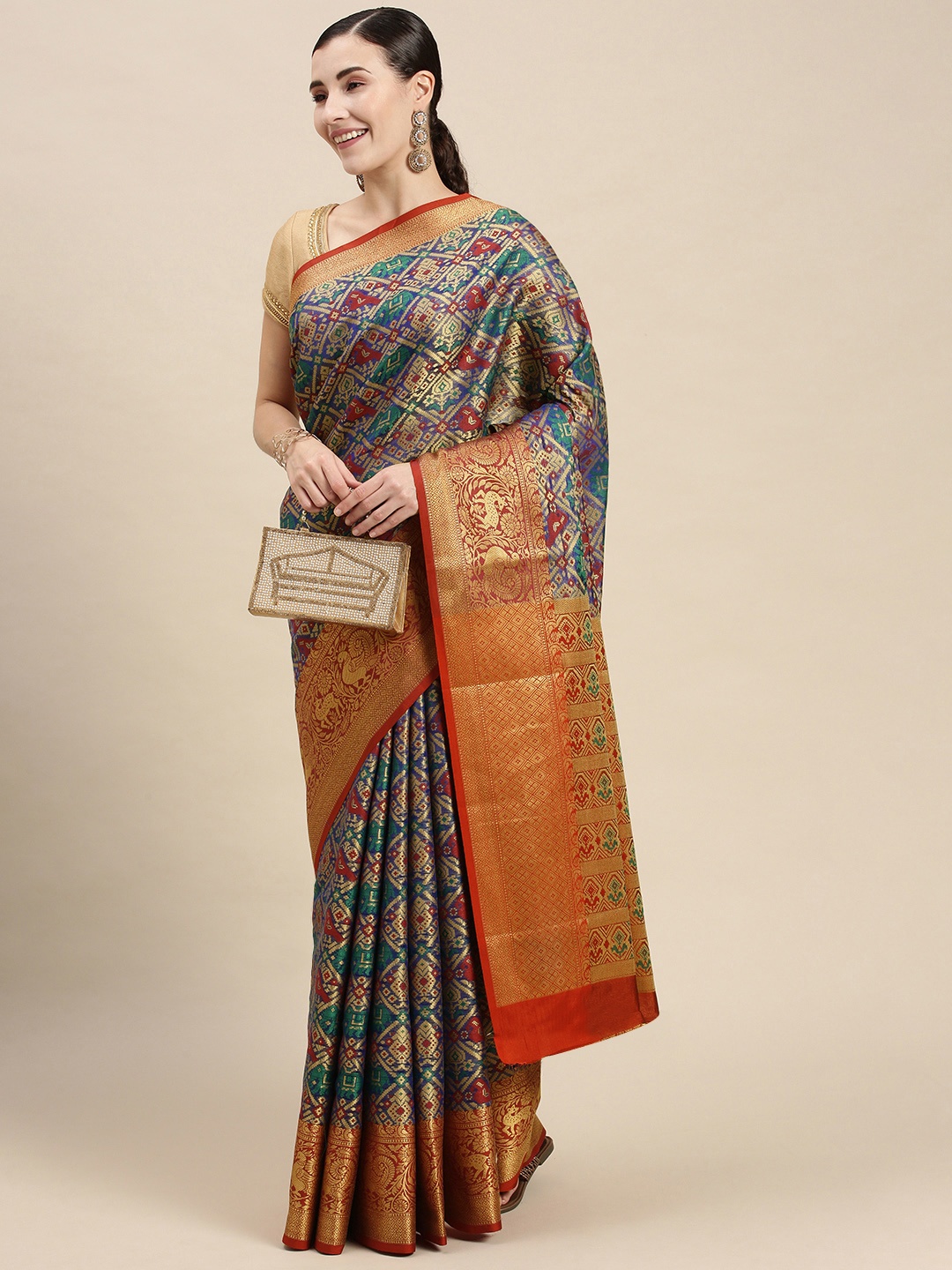 

PERFECTBLUE Blue & Red Ethnic Motifs Linen Blend Fusion Kanjeevaram Saree