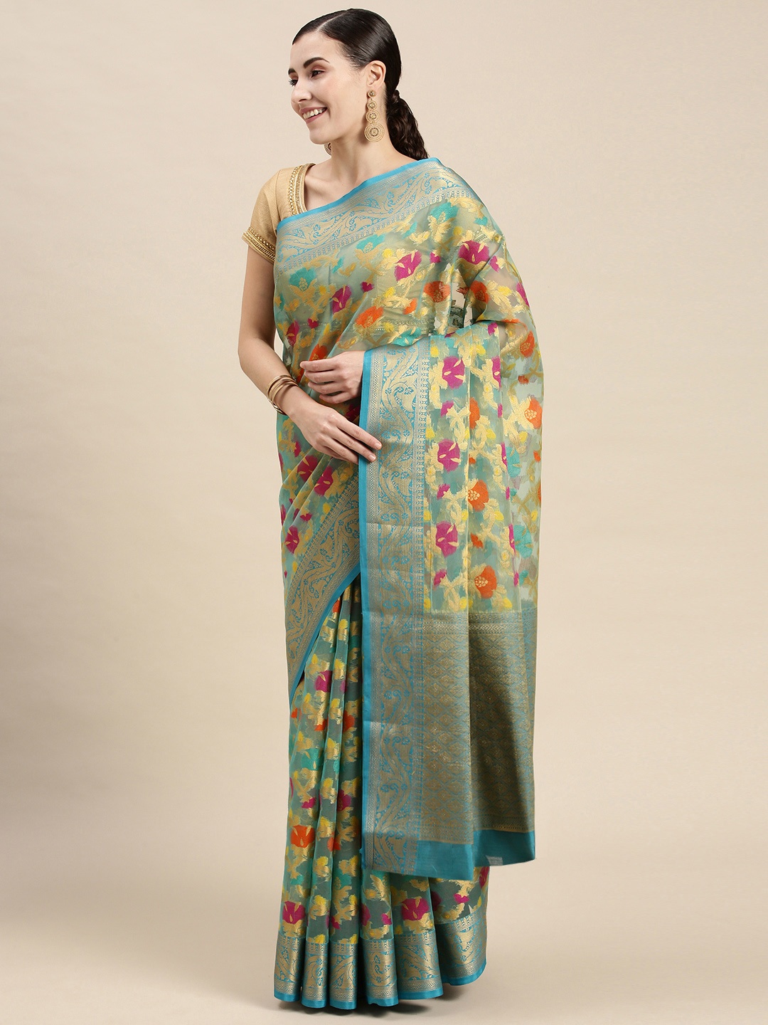 

PERFECTBLUE Blue Floral Silk Blend Fusion Kanjeevaram Saree
