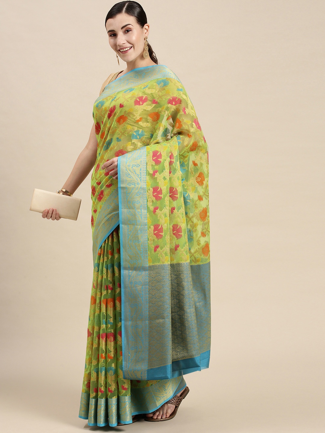 

PERFECTBLUE Multicoloured Floral Kanjeevaram Saree, Multi