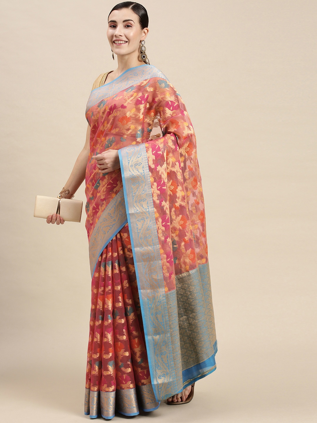 

PERFECTBLUE Pink & Blue Floral Silk Blend Fusion Kanjeevaram Saree