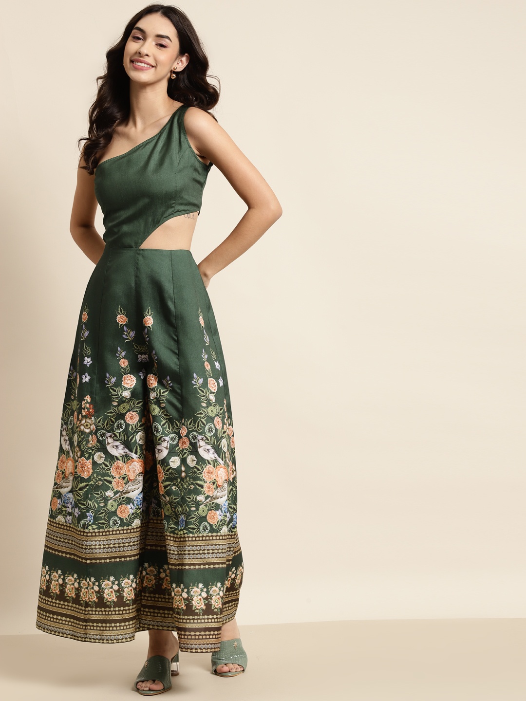 

Shae by SASSAFRAS Green & Gold-Toned Printed Cut-Outs Basic Jumpsuit