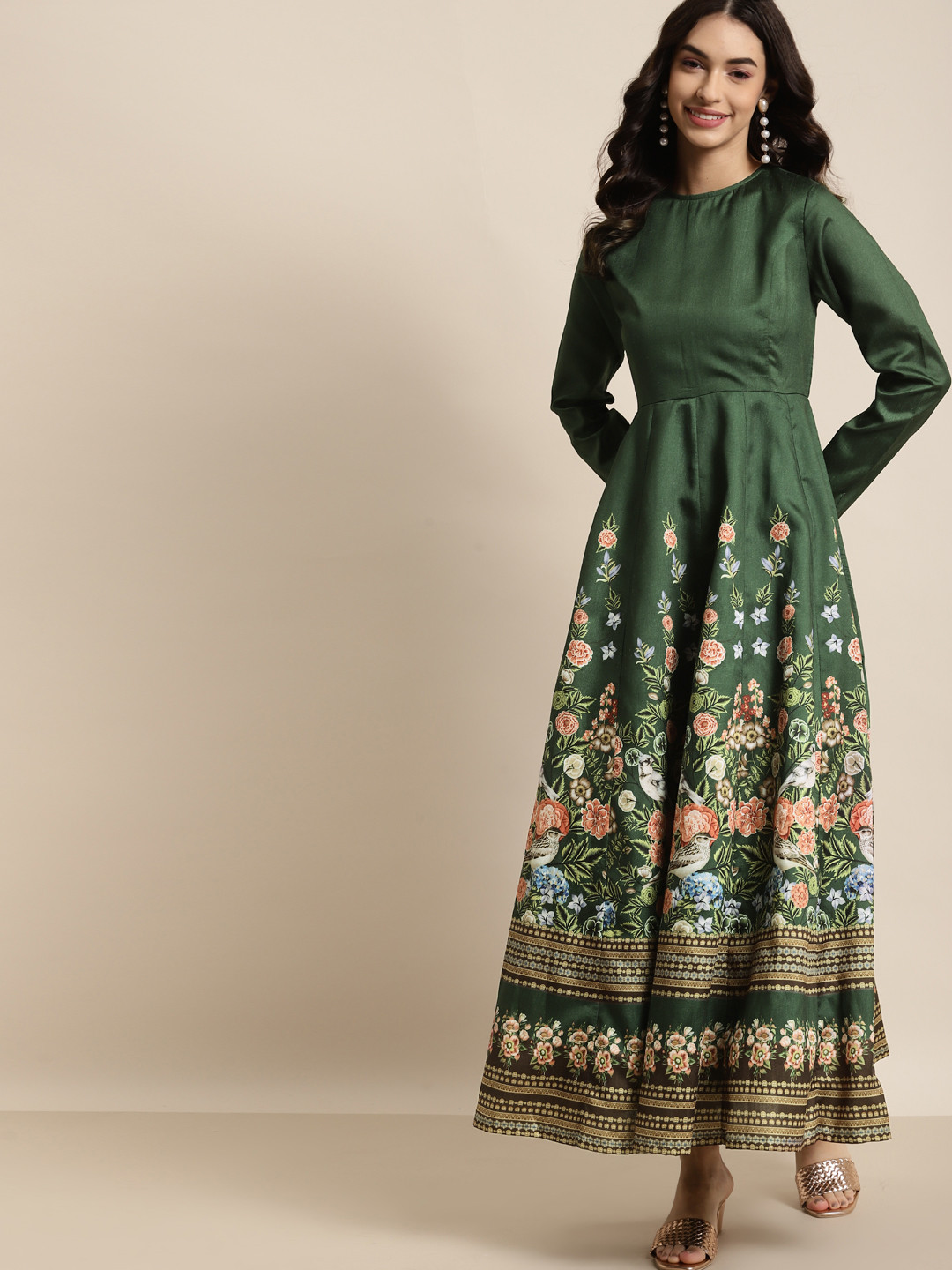 

Shae by SASSAFRAS Green & Gold-Toned Floral Anarkali Maxi Dress