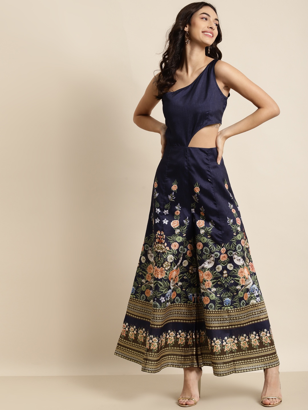 

Shae by SASSAFRAS Navy Blue & Gold-Toned Printed Cut-Outs Basic Jumpsuit
