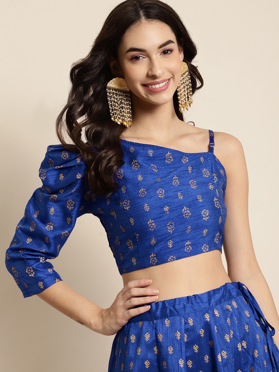 

Shae by SASSAFRAS Blue Floral One Shoulder Regular Crop Top