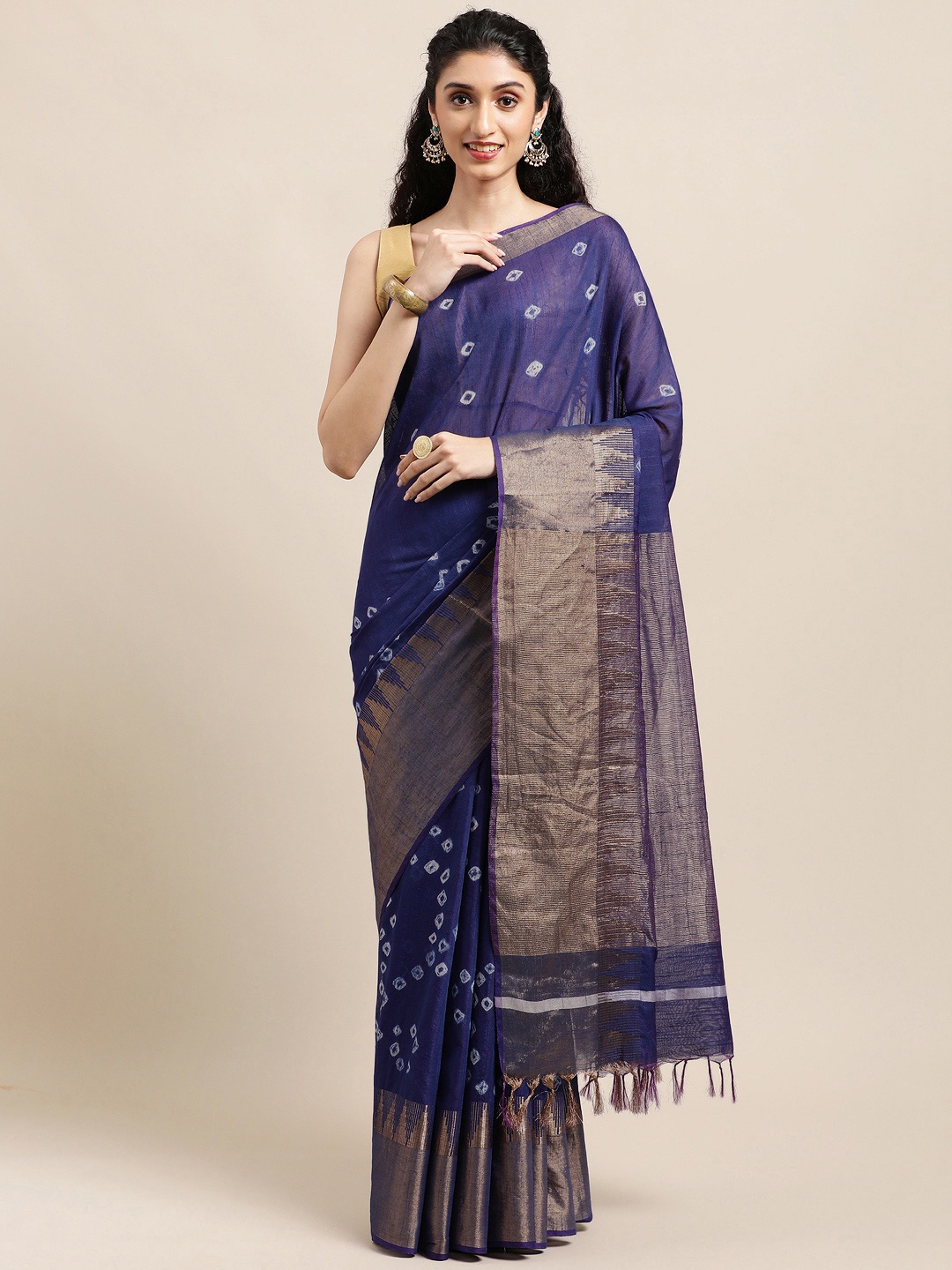 

swatika Navy Blue Handloom Zari Silk Blend Bhagalpuri Saree