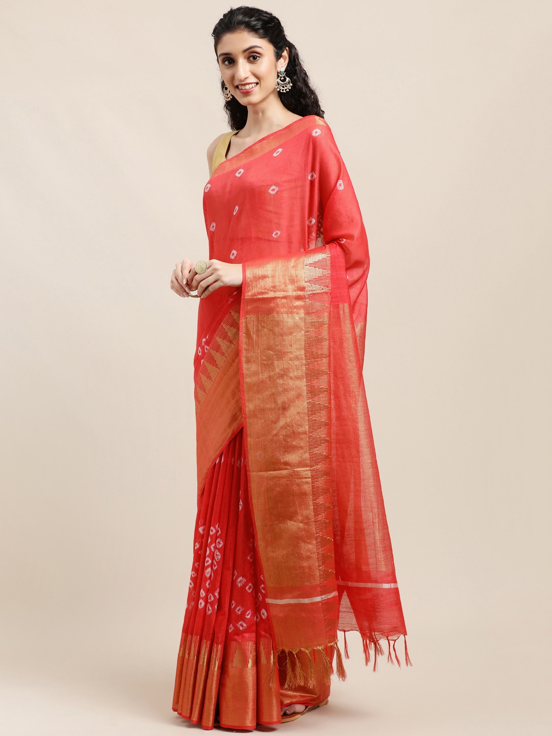 

swatika Peach-Coloured Handloom Zari Silk Blend Bhagalpuri Saree