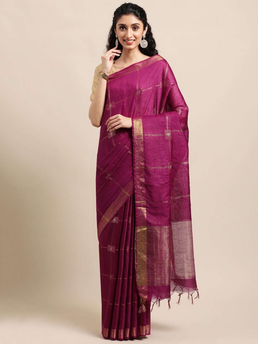 

swatika Purple Checked Zari Silk Blend Handloom Bhagalpuri Saree