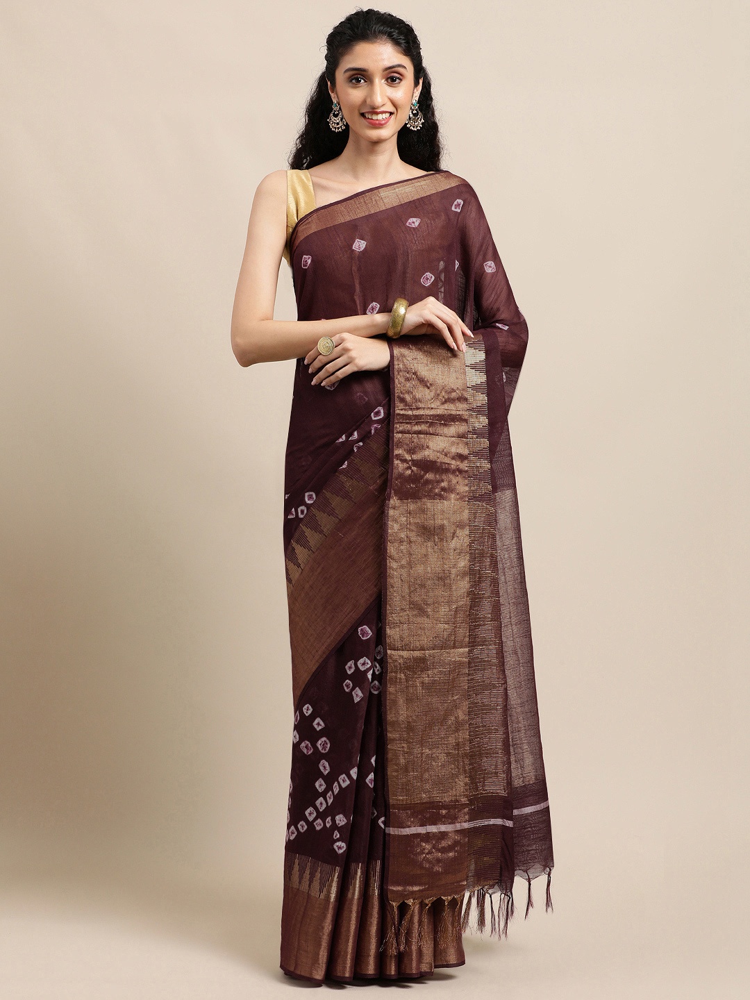 

swatika Brown Zari Silk Blend Handloom Bhagalpuri Saree