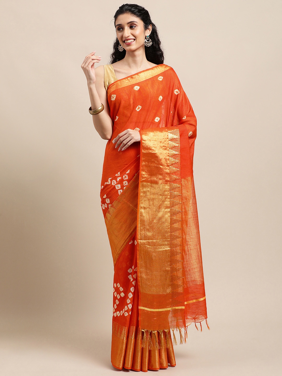 

swatika Orange Zari Silk Blend Handloom Bhagalpuri Saree