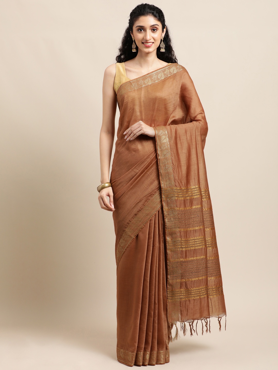 

swatika Brown Zari Pure Silk Handloom Bhagalpuri Saree