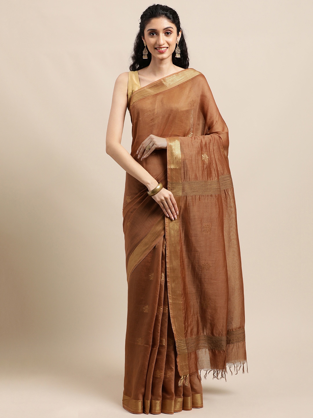 

swatika Brown Floral Zari Pure Silk Handloom Bhagalpuri Saree