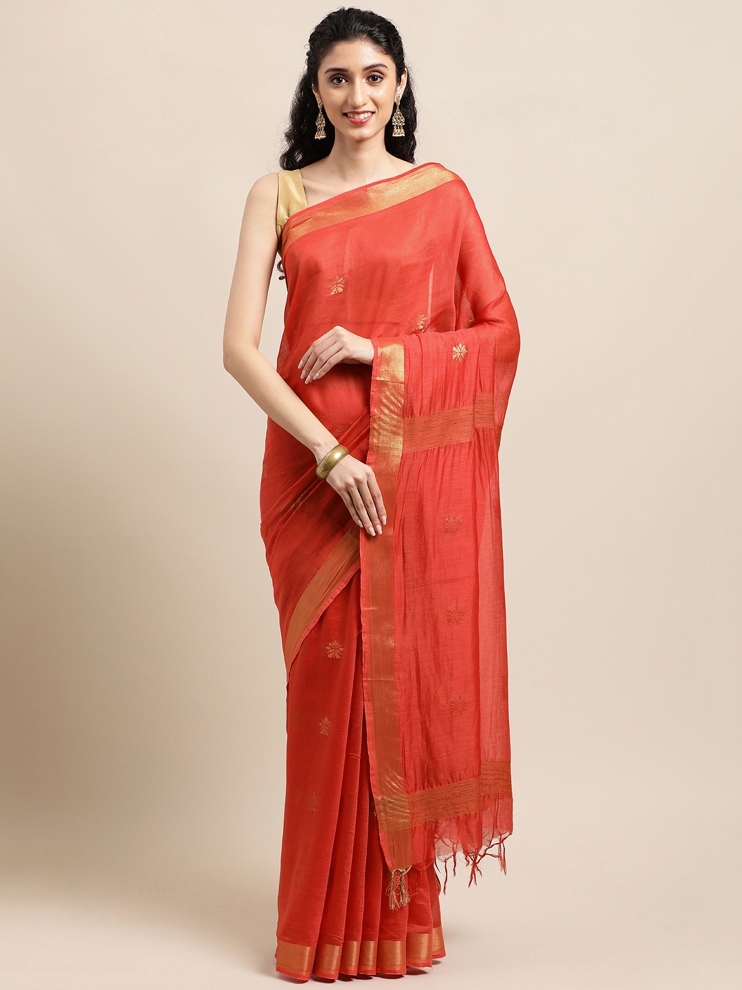 

swatika Red Floral Zari Pure Silk Handloom Bhagalpuri Saree