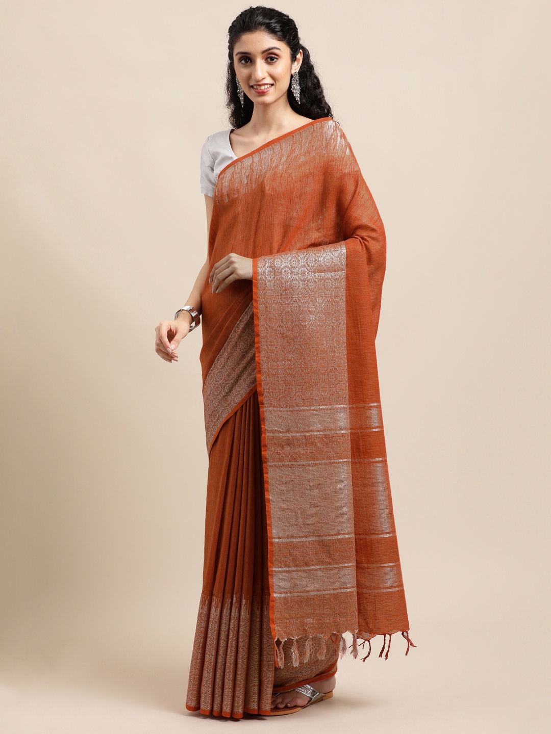 

swatika Rust-Coloured Woven Design Zari Silk Blend Handloom Bhagalpuri Saree