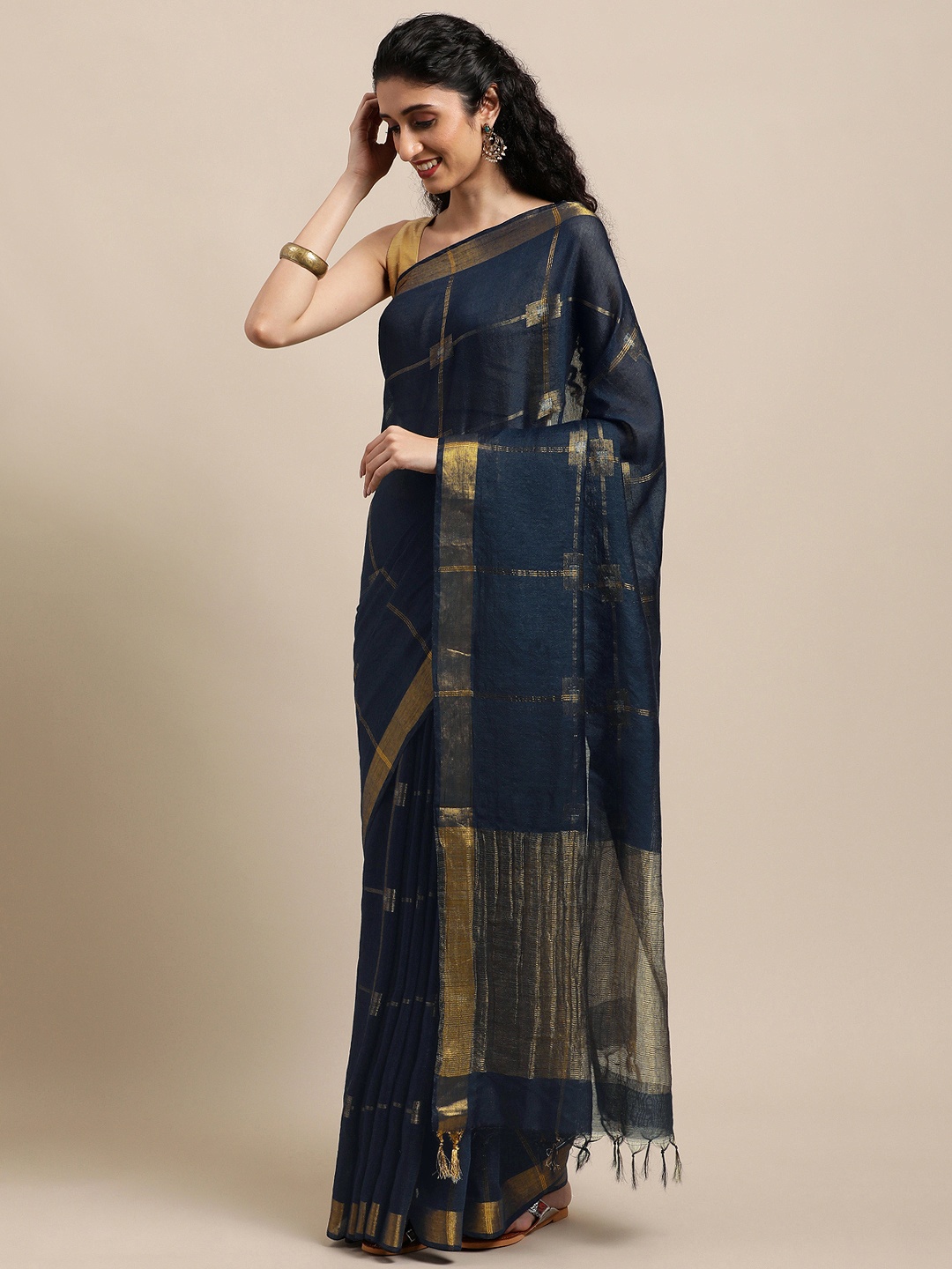 

swatika Navy Blue Checked Zari Silk Blend Handloom Bhagalpuri Saree