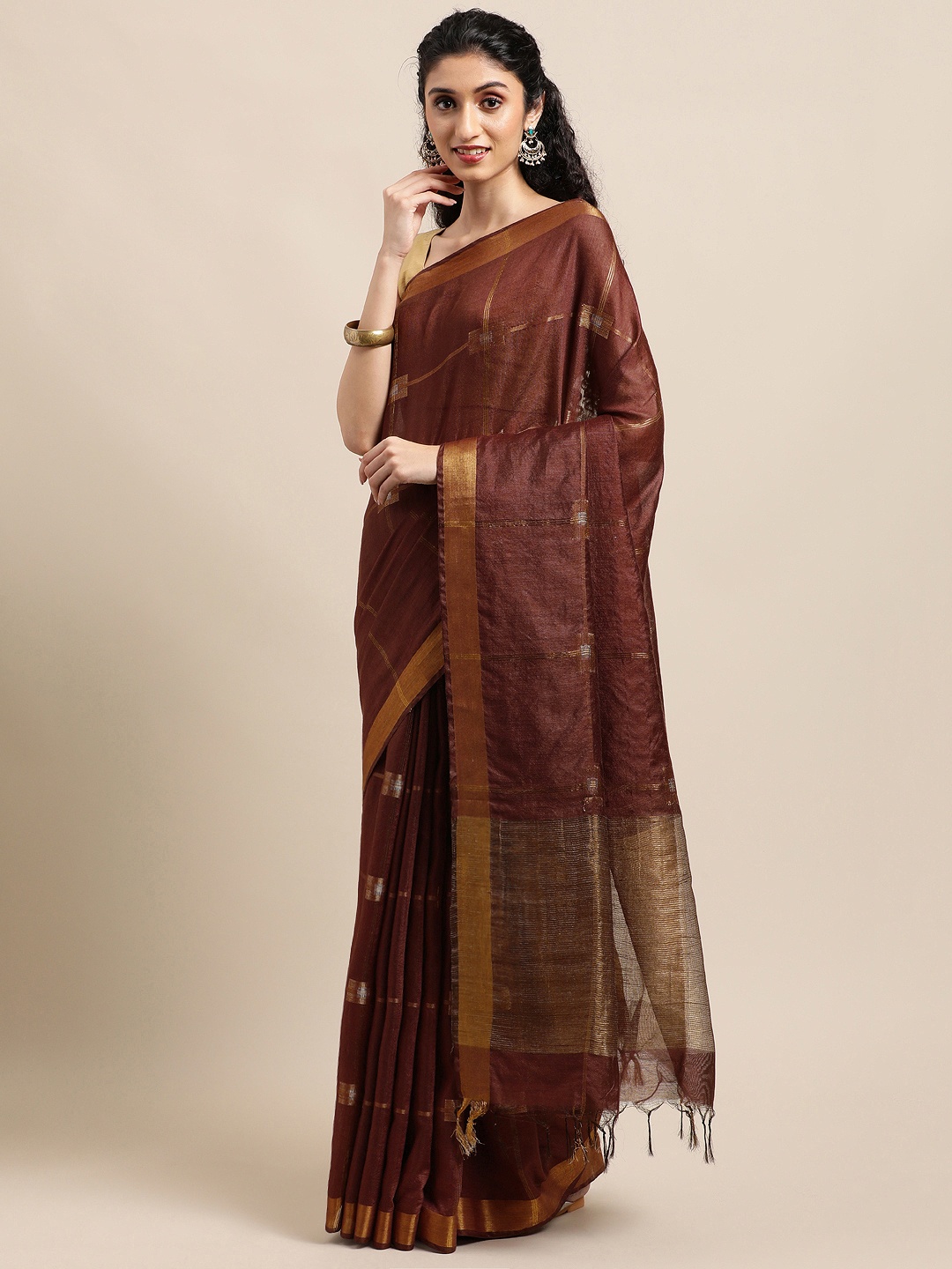 

swatika Brown Checked Zari Silk Blend Handloom Bhagalpuri Saree