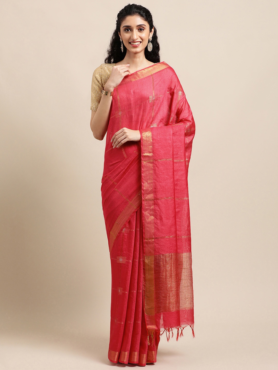 

swatika Peach-Coloured Floral Zari Silk Blend Handloom Bhagalpuri Saree