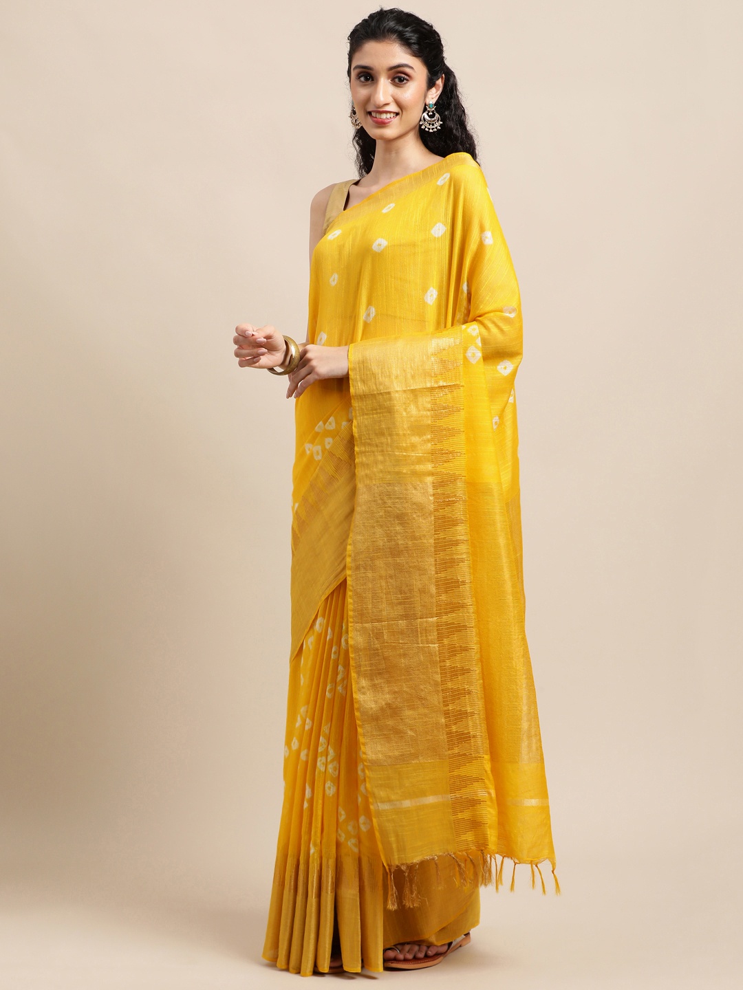 

swatika Yellow Zari Silk Blend Handloom Bhagalpuri Saree