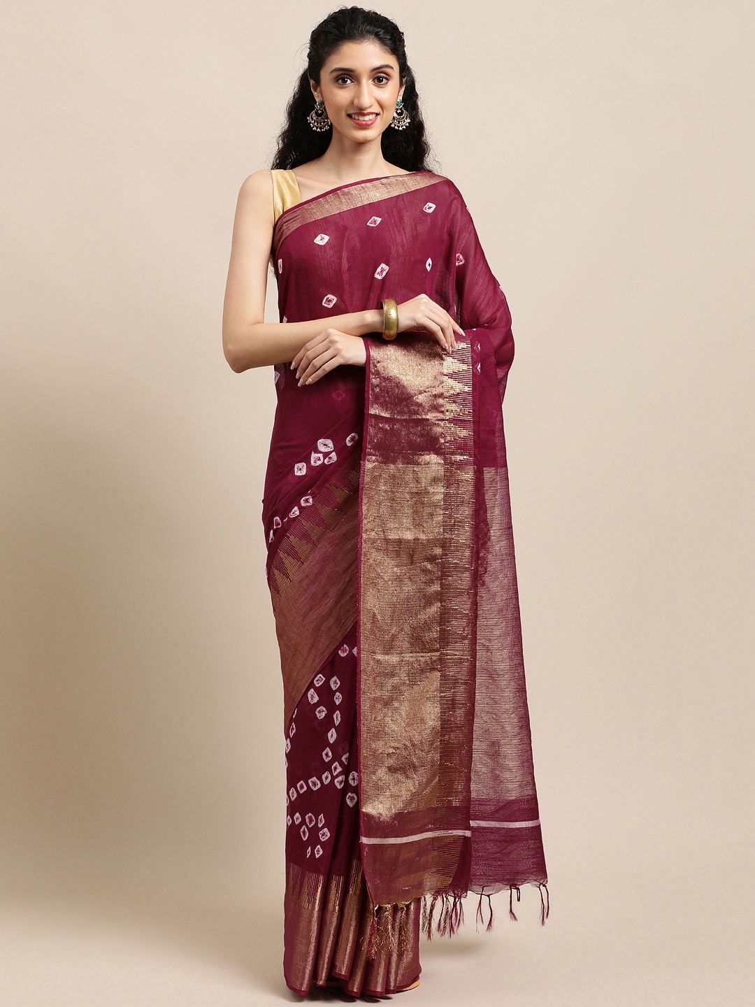 

swatika Maroon Zari Silk Blend Handloom Bhagalpuri Saree