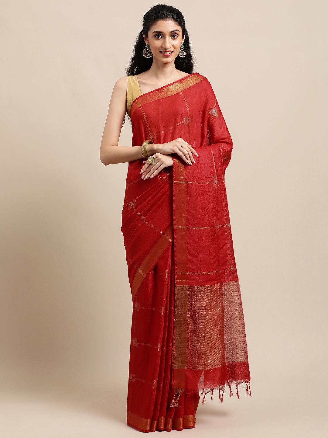 

swatika Red Checked Zari Silk Blend Handloom Bhagalpuri Saree