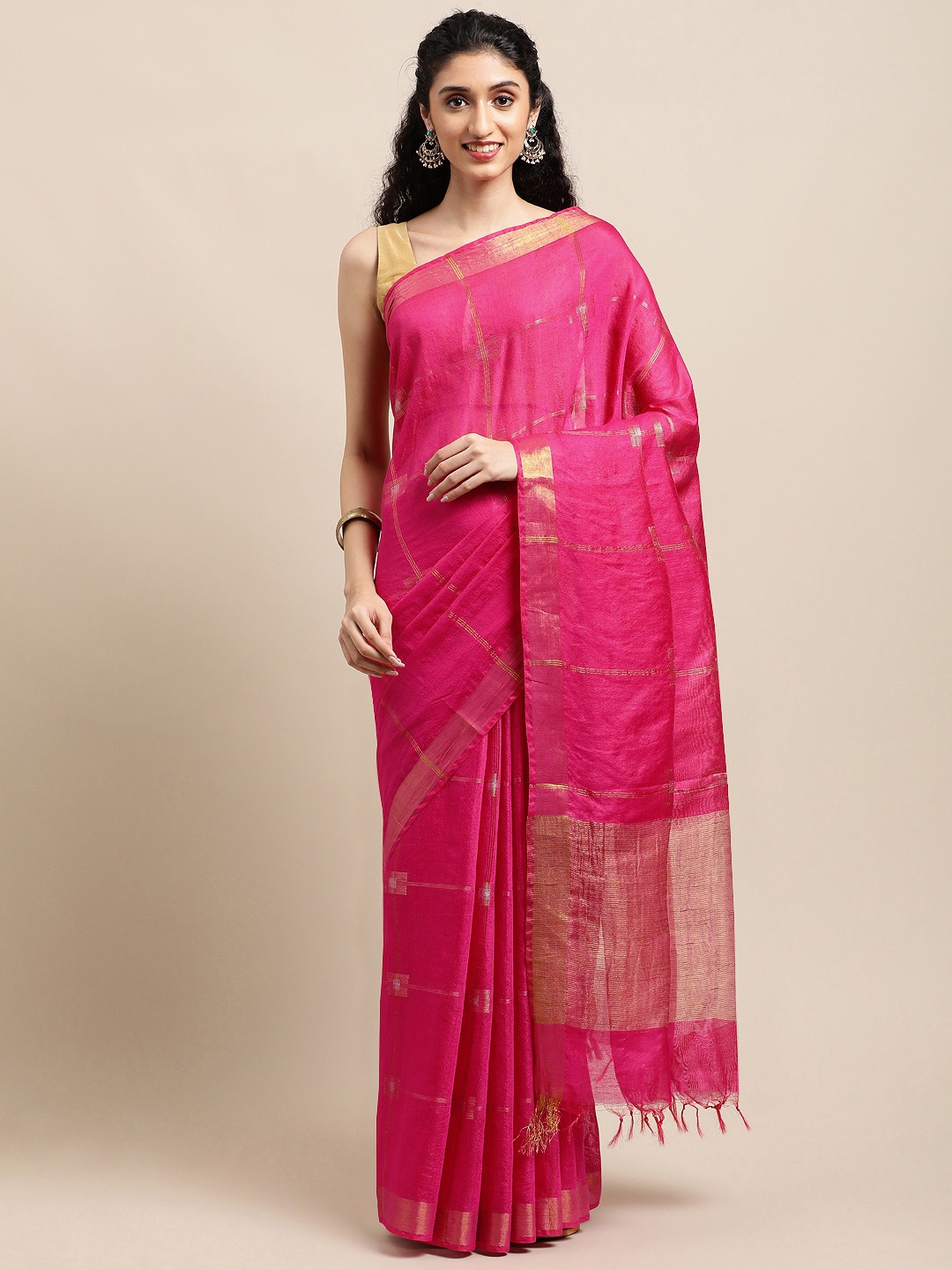 

swatika Magenta Checked Zari Silk Blend Handloom Bhagalpuri Saree