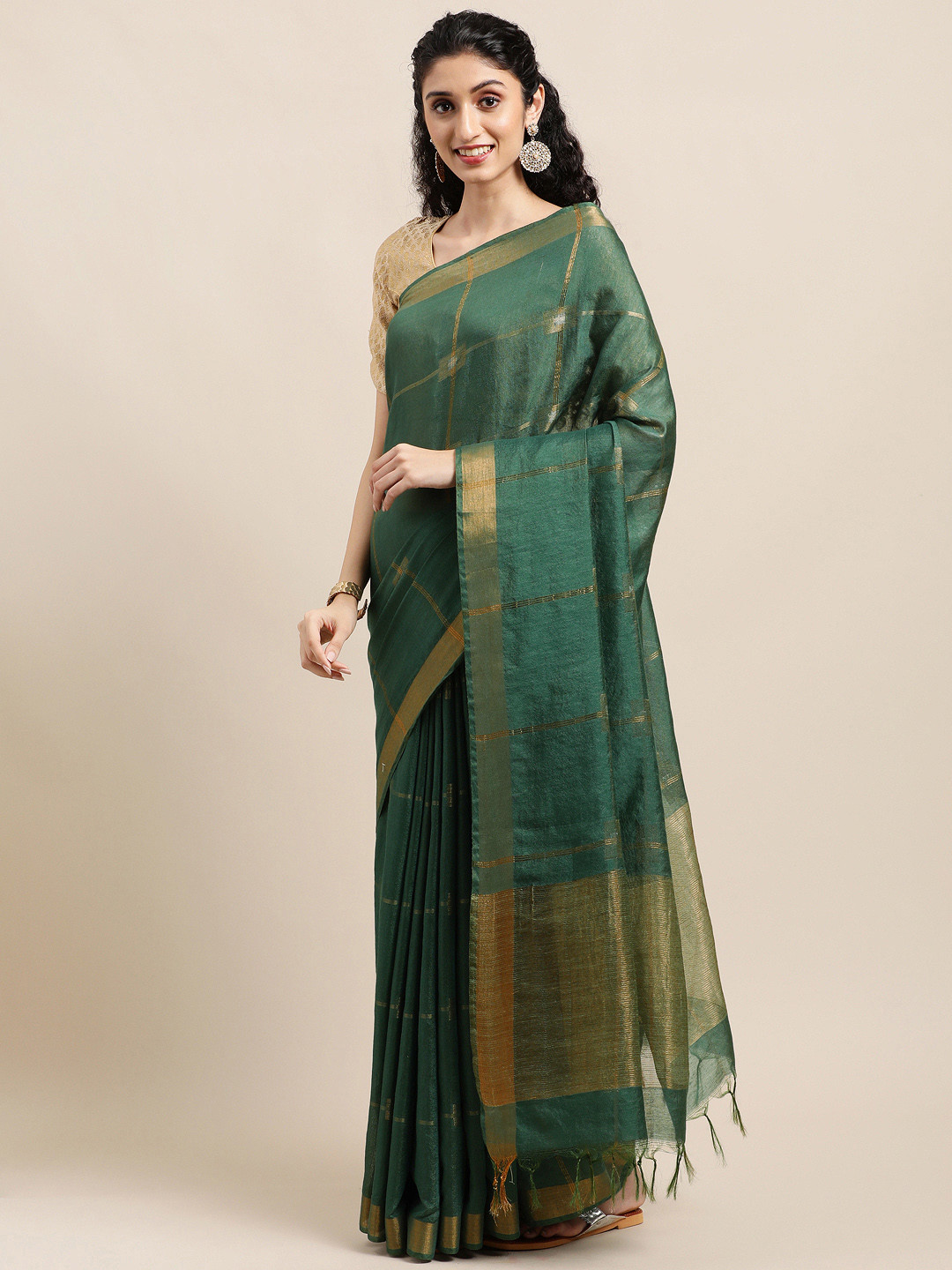 

swatika Green Checked Zari Silk Blend Handloom Bhagalpuri Saree